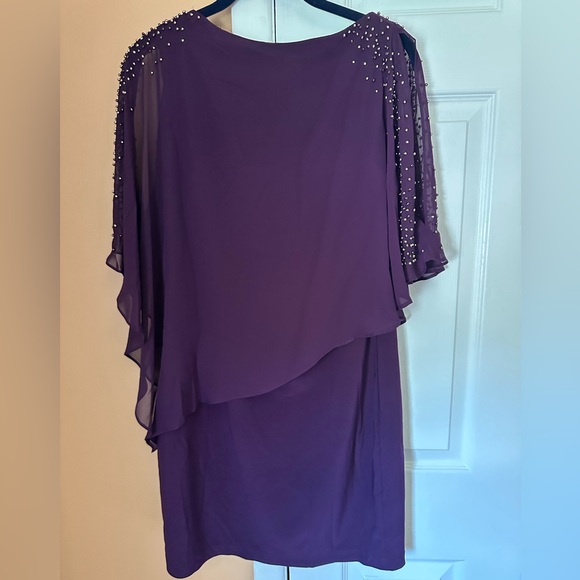 NWOT XSCAPE Purple Stretch Embellished Cape Overlay Sleeveless Dress; women’s 8 - Picture 8 of 11